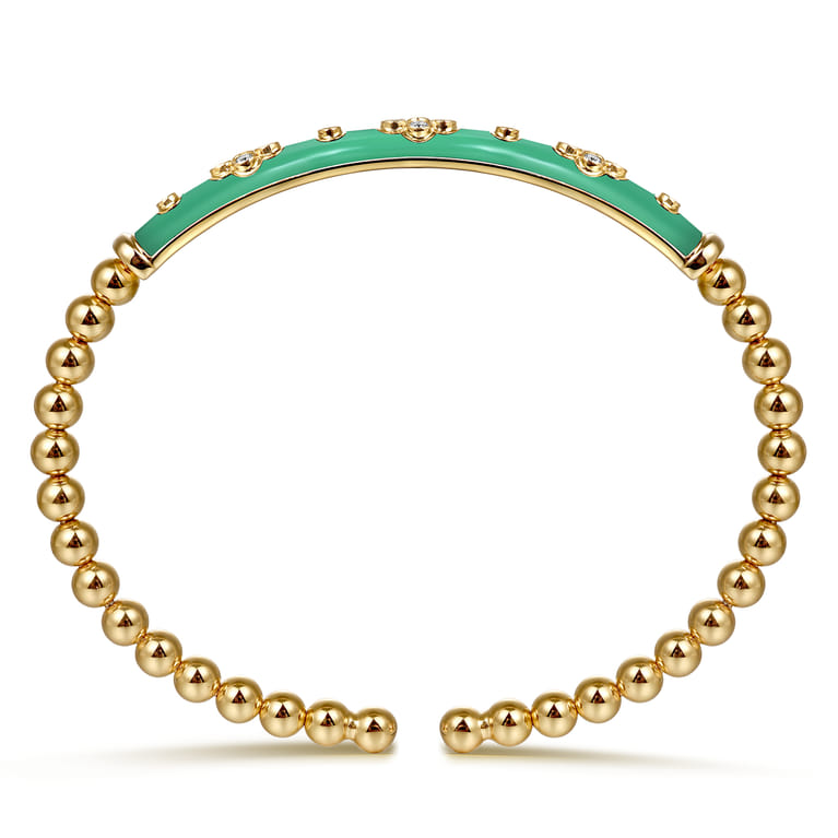 Enamel - 14K Yellow Gold Bujukan Beads and Diamond Split Bangle Bracelet with Mint Green Enamel - 0.22 ct - Shot 3