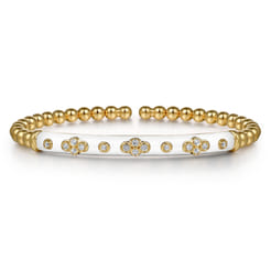 Enamel - 14K Yellow Gold Bujukan Beads and Diamond Split Bangle Bracelet with White Enamel