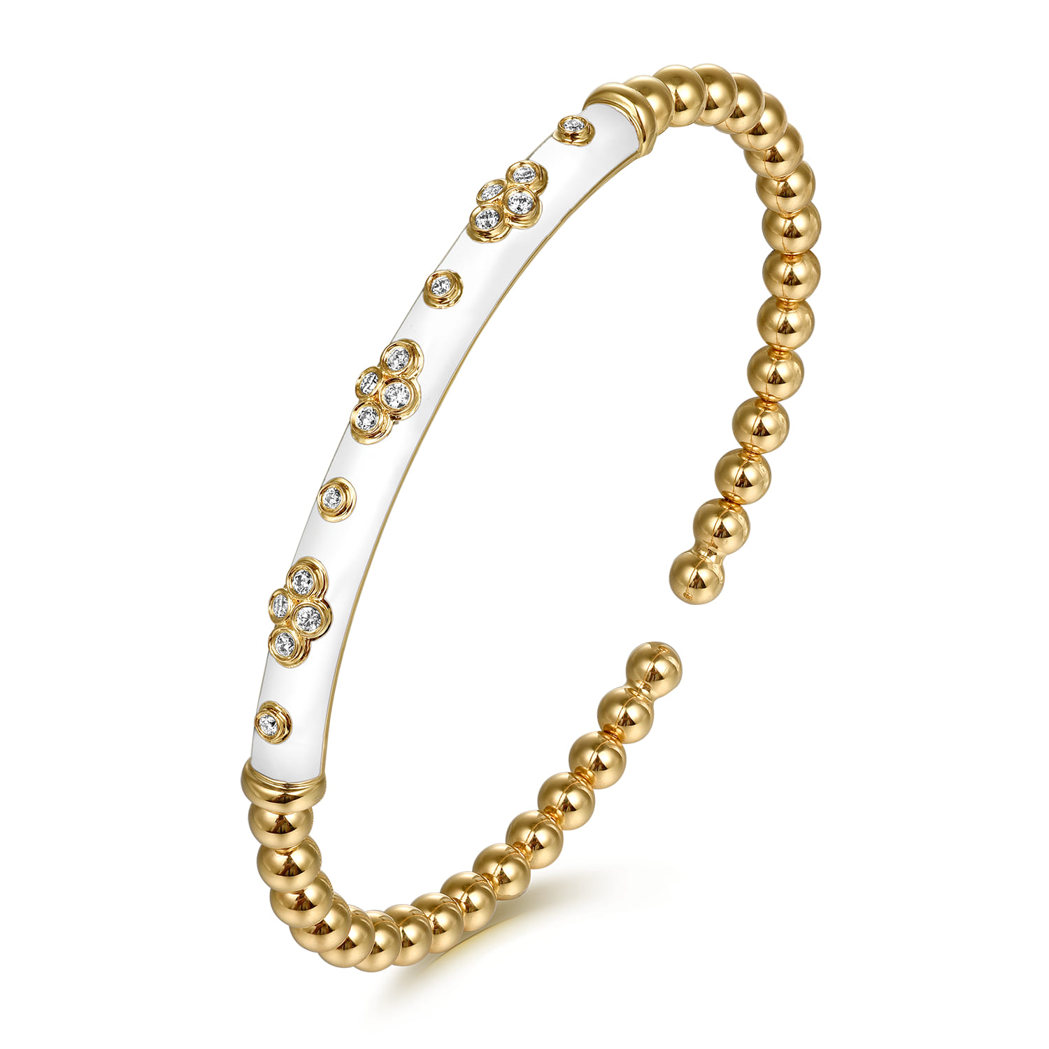 Enamel - 14K Yellow Gold Bujukan Beads and Diamond Split Bangle Bracelet with White Enamel - 0.22 ct - Shot 2