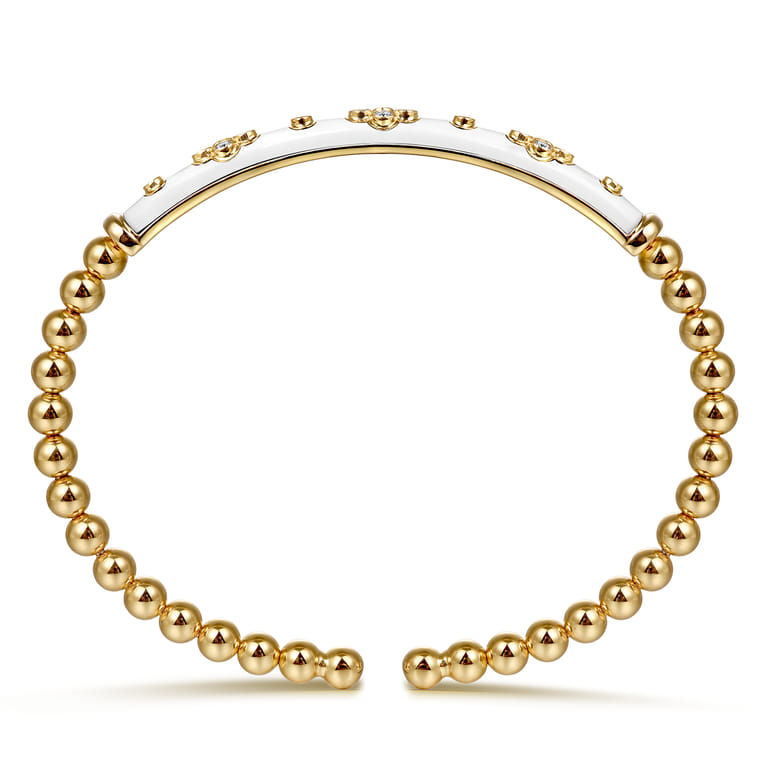 Enamel - 14K Yellow Gold Bujukan Beads and Diamond Split Bangle Bracelet with White Enamel - 0.22 ct - Shot 3
