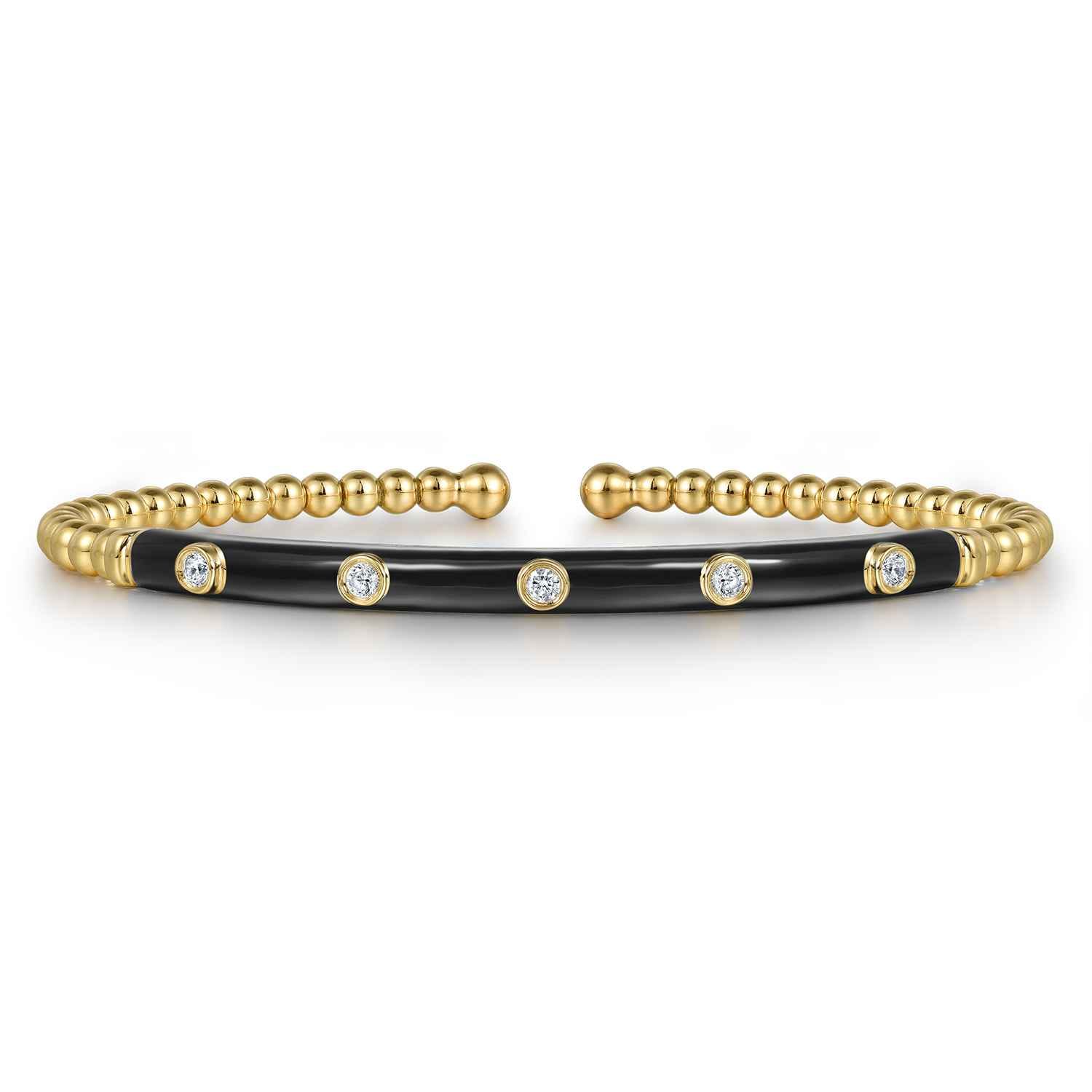 Enamel - 14K Yellow Gold Bujukan Beads and Diamond Split Bangle with Black Enamel - 0.15 ct - Shot 1