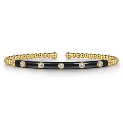Enamel - 14K Yellow Gold Bujukan Beads and Diamond Split Bangle with Black Enamel