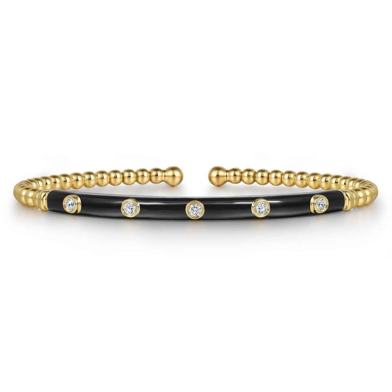 Enamel - 14K Yellow Gold Bujukan Beads and Diamond Split Bangle with Black Enamel - 0.15 ct - Shot 1