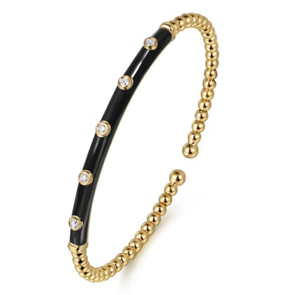 Enamel - 14K Yellow Gold Bujukan Beads and Diamond Split Bangle with Black Enamel