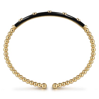 Enamel - 14K Yellow Gold Bujukan Beads and Diamond Split Bangle with Black Enamel