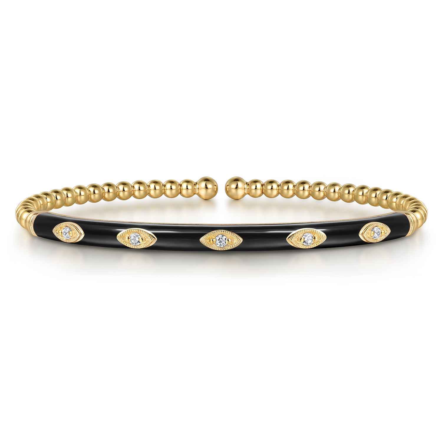 Enamel - 14K Yellow Gold Bujukan Beads and Diamond Split Bangle with Black Enamel - 0.1 ct - Shot 1