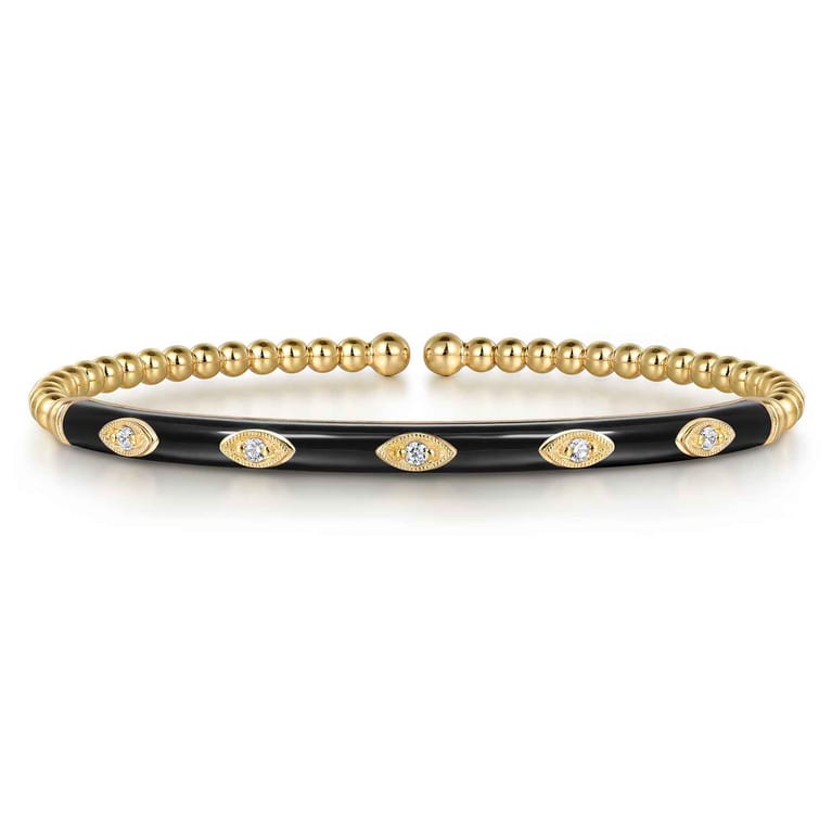 Enamel - 14K Yellow Gold Bujukan Beads and Diamond Split Bangle with Black Enamel - 0.1 ct - Shot 1