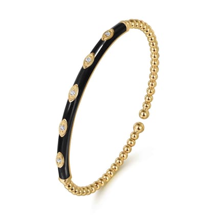 Enamel - 14K Yellow Gold Bujukan Beads and Diamond Split Bangle with Black Enamel