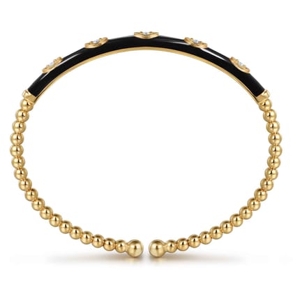 Enamel - 14K Yellow Gold Bujukan Beads and Diamond Split Bangle with Black Enamel