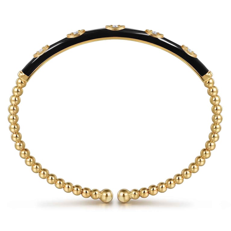 Enamel - 14K Yellow Gold Bujukan Beads and Diamond Split Bangle with Black Enamel - 0.1 ct - Shot 3