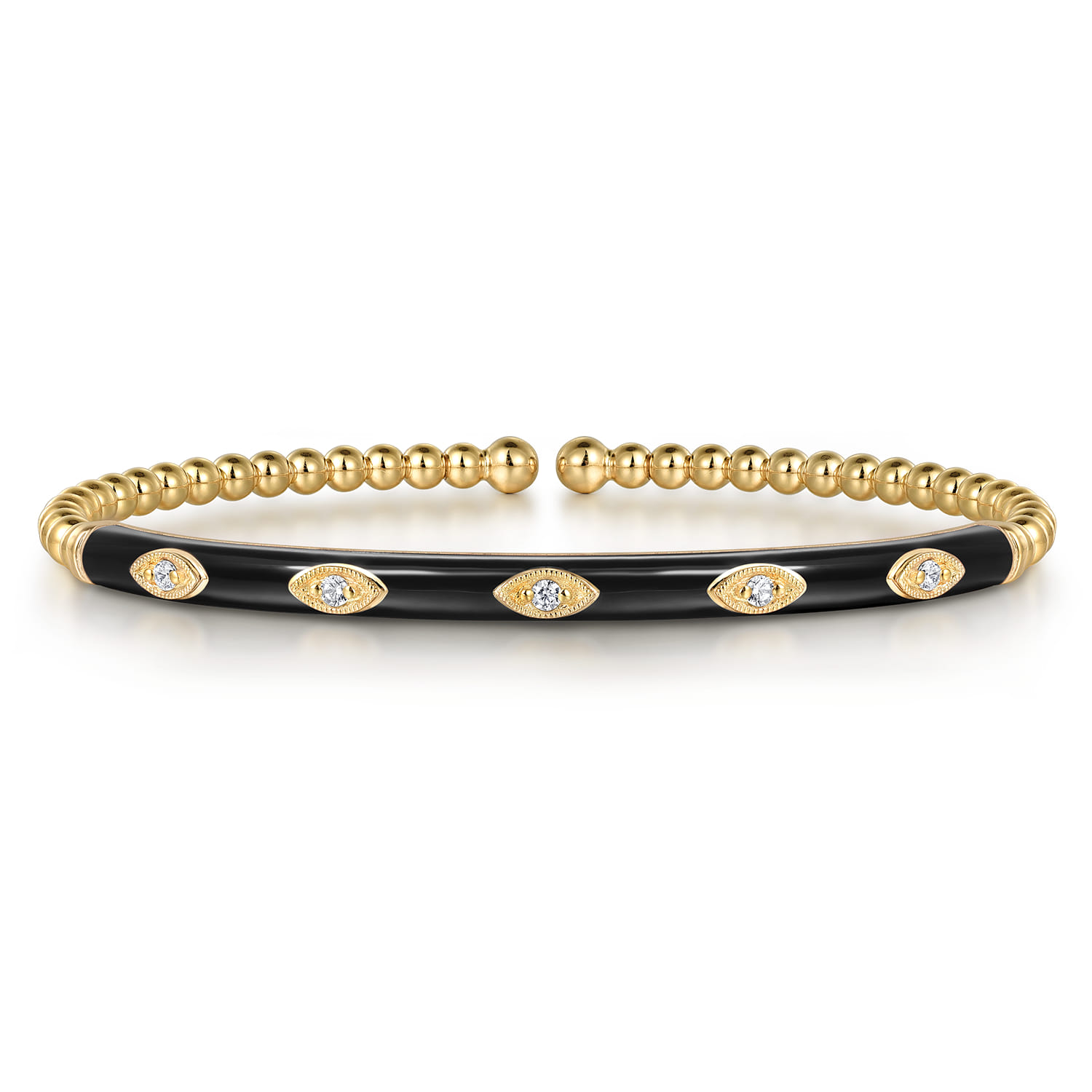 Enamel - 14K Yellow Gold Bujukan Beads and Diamond Split Bangle with Black Enamel