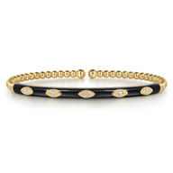 Enamel - 14K Yellow Gold Bujukan Beads and Diamond Split Bangle with Black Enamel