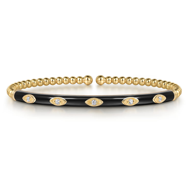 Enamel - 14K Yellow Gold Bujukan Beads and Diamond Split Bangle with Black Enamel - 0.1 ct - Shot 1