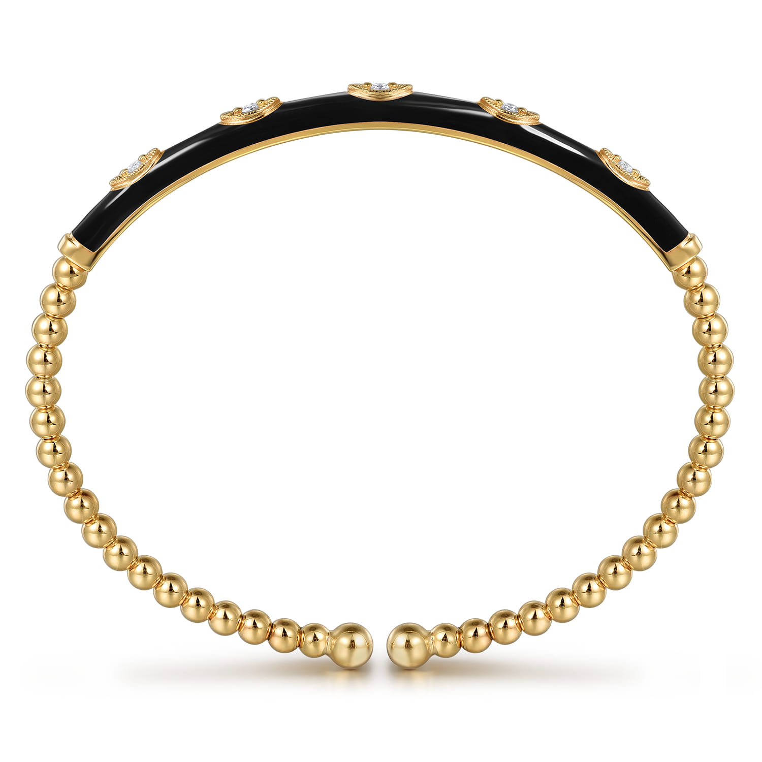 Enamel - 14K Yellow Gold Bujukan Beads and Diamond Split Bangle with Black Enamel