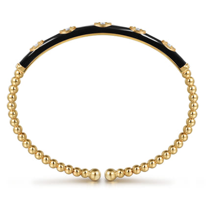 Enamel - 14K Yellow Gold Bujukan Beads and Diamond Split Bangle with Black Enamel