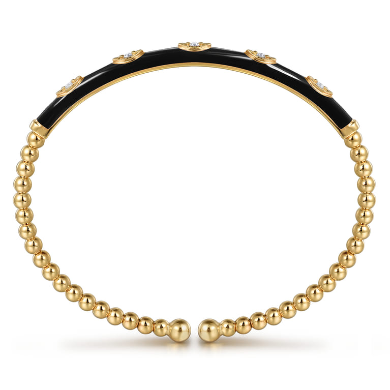 Enamel - 14K Yellow Gold Bujukan Beads and Diamond Split Bangle with Black Enamel - 0.1 ct - Shot 3