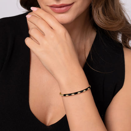 Enamel - 14K Yellow Gold Bujukan Beads and Diamond Split Bangle with Black Enamel