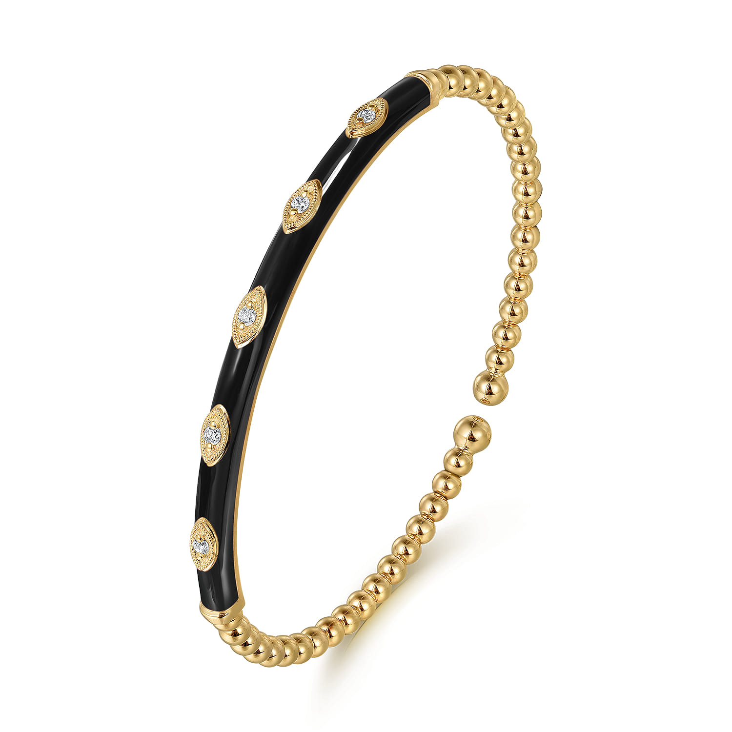 Enamel - 14K Yellow Gold Bujukan Beads and Diamond Split Bangle with Black Enamel - 0.1 ct - Shot 2