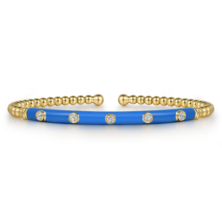Enamel - 14K Yellow Gold Bujukan Beads and Diamond Split Bangle with Blue Enamel - 0.15 ct - Shot 1