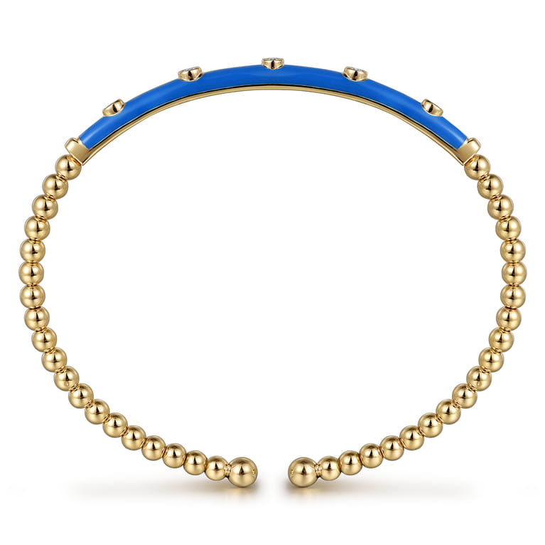 Enamel - 14K Yellow Gold Bujukan Beads and Diamond Split Bangle with Blue Enamel - 0.15 ct - Shot 3
