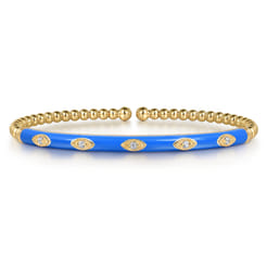 Enamel - 14K Yellow Gold Bujukan Beads and Diamond Split Bangle with Blue Enamel