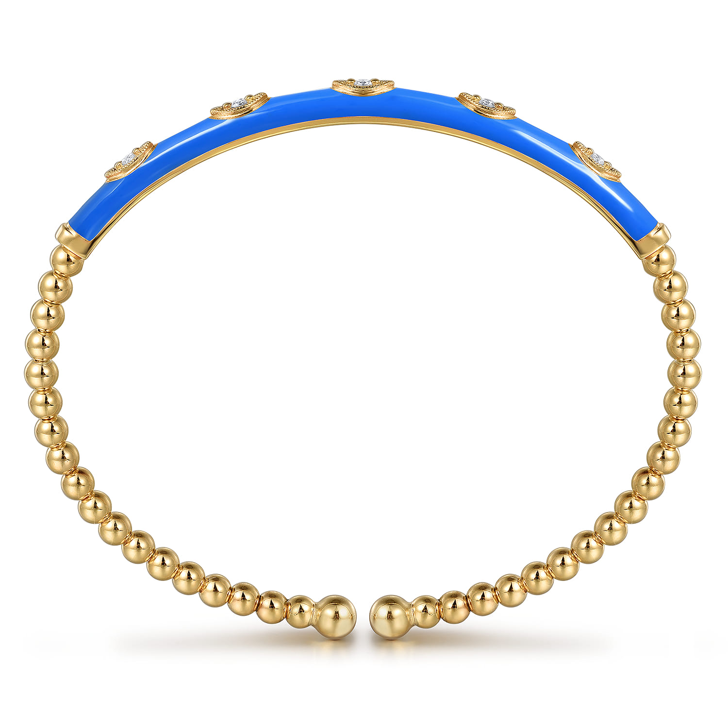 Enamel - 14K Yellow Gold Bujukan Beads and Diamond Split Bangle with Blue Enamel - 0.1 ct - Shot 3