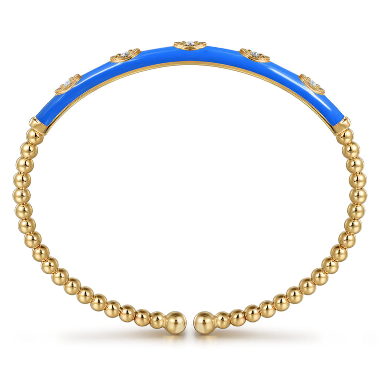 Enamel - 14K Yellow Gold Bujukan Beads and Diamond Split Bangle with Blue Enamel - 0.1 ct - Shot 3