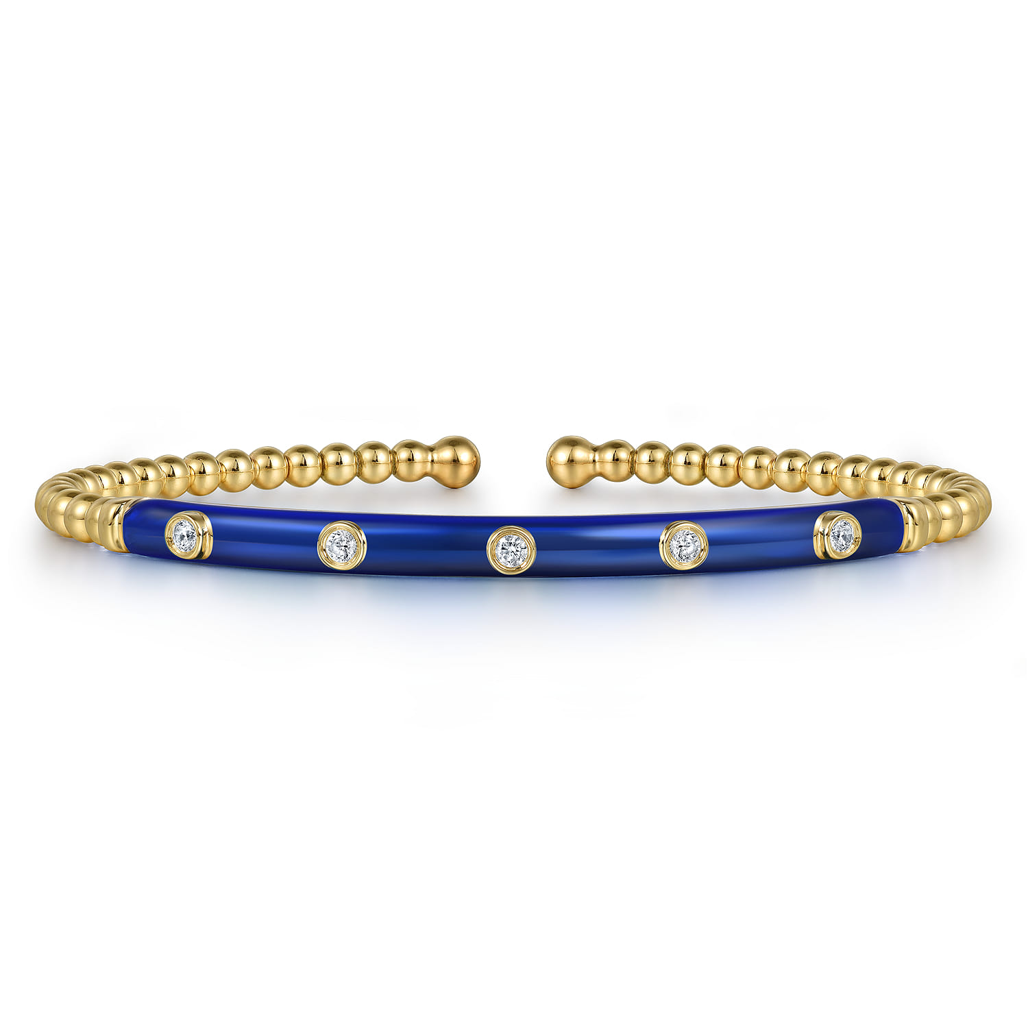 Enamel - 14K Yellow Gold Bujukan Beads and Diamond Split Bangle with Chrome Blue Enamel - 0.15 ct - Shot 1