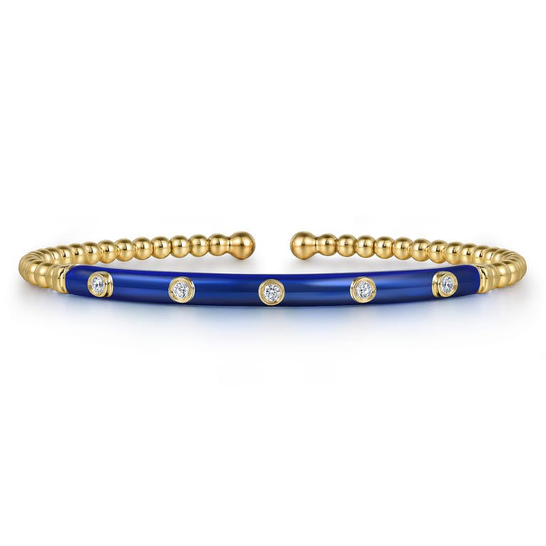 Enamel - 14K Yellow Gold Bujukan Beads and Diamond Split Bangle with Chrome Blue Enamel - 0.15 ct - Shot 1