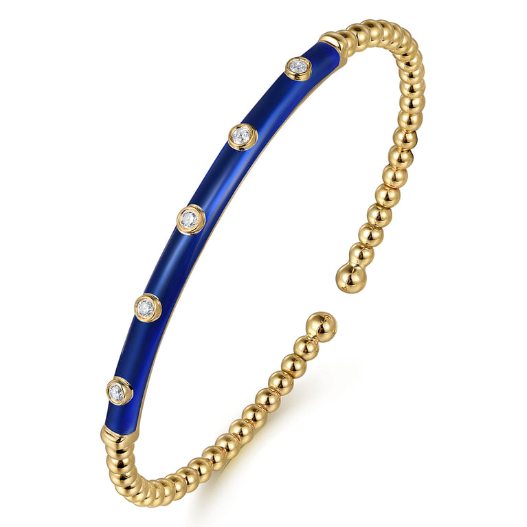 Enamel - 14K Yellow Gold Bujukan Beads and Diamond Split Bangle with Chrome Blue Enamel - 0.15 ct - Shot 2