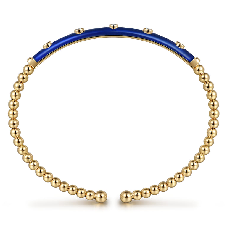 Enamel - 14K Yellow Gold Bujukan Beads and Diamond Split Bangle with Chrome Blue Enamel - 0.15 ct - Shot 3