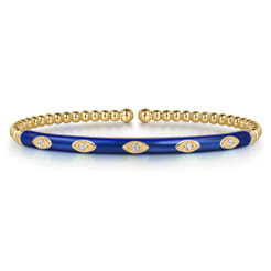 Enamel - 14K Yellow Gold Bujukan Beads and Diamond Split Bangle with Chrome Blue Enamel