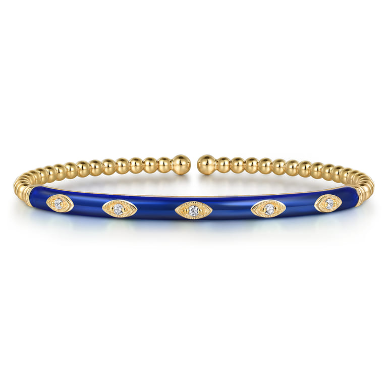 Enamel - 14K Yellow Gold Bujukan Beads and Diamond Split Bangle with Chrome Blue Enamel - 0.1 ct - Shot 1