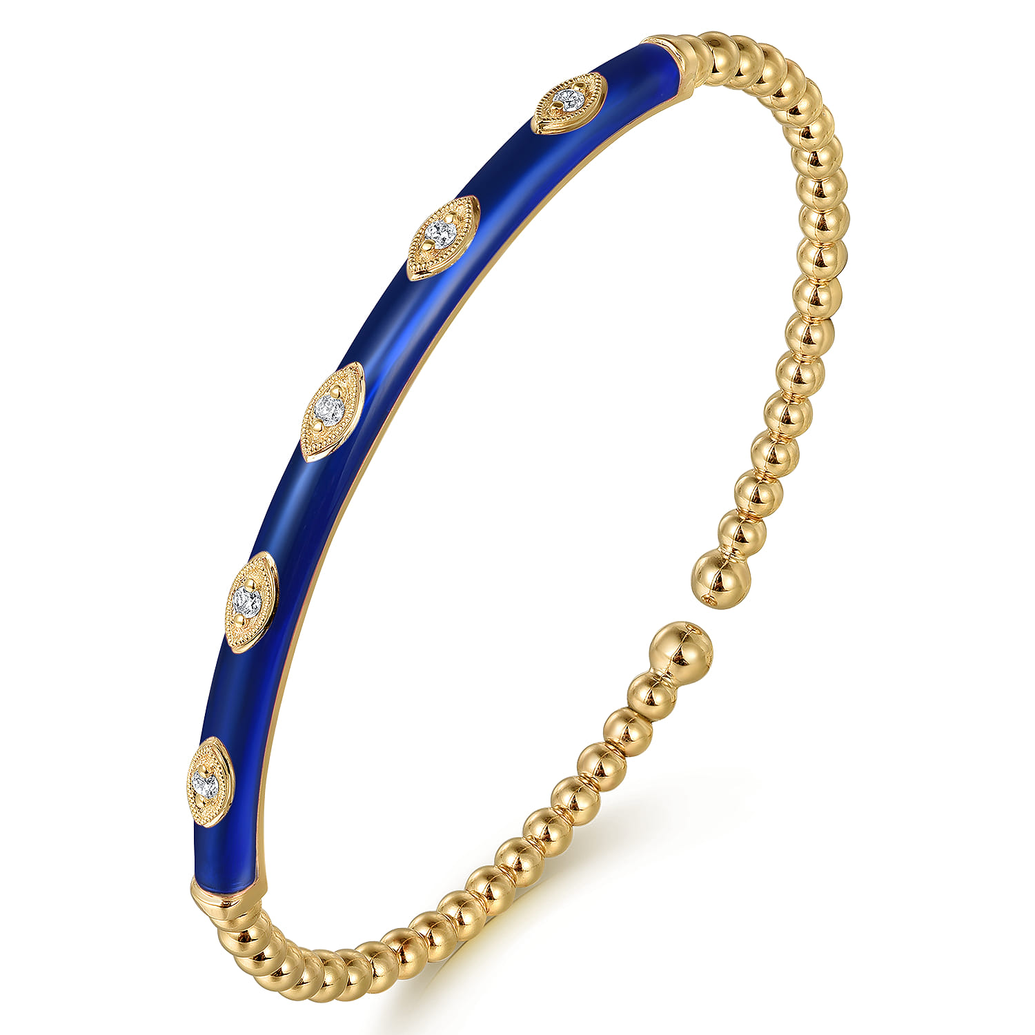 Enamel - 14K Yellow Gold Bujukan Beads and Diamond Split Bangle with Chrome Blue Enamel - 0.1 ct - Shot 2