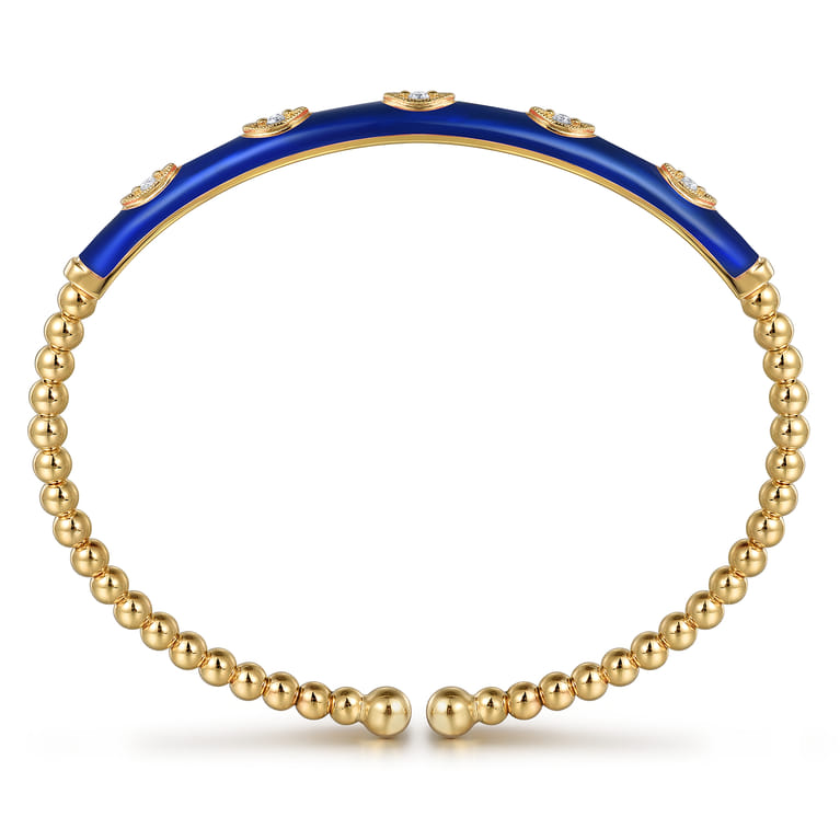 Enamel - 14K Yellow Gold Bujukan Beads and Diamond Split Bangle with Chrome Blue Enamel - 0.1 ct - Shot 3