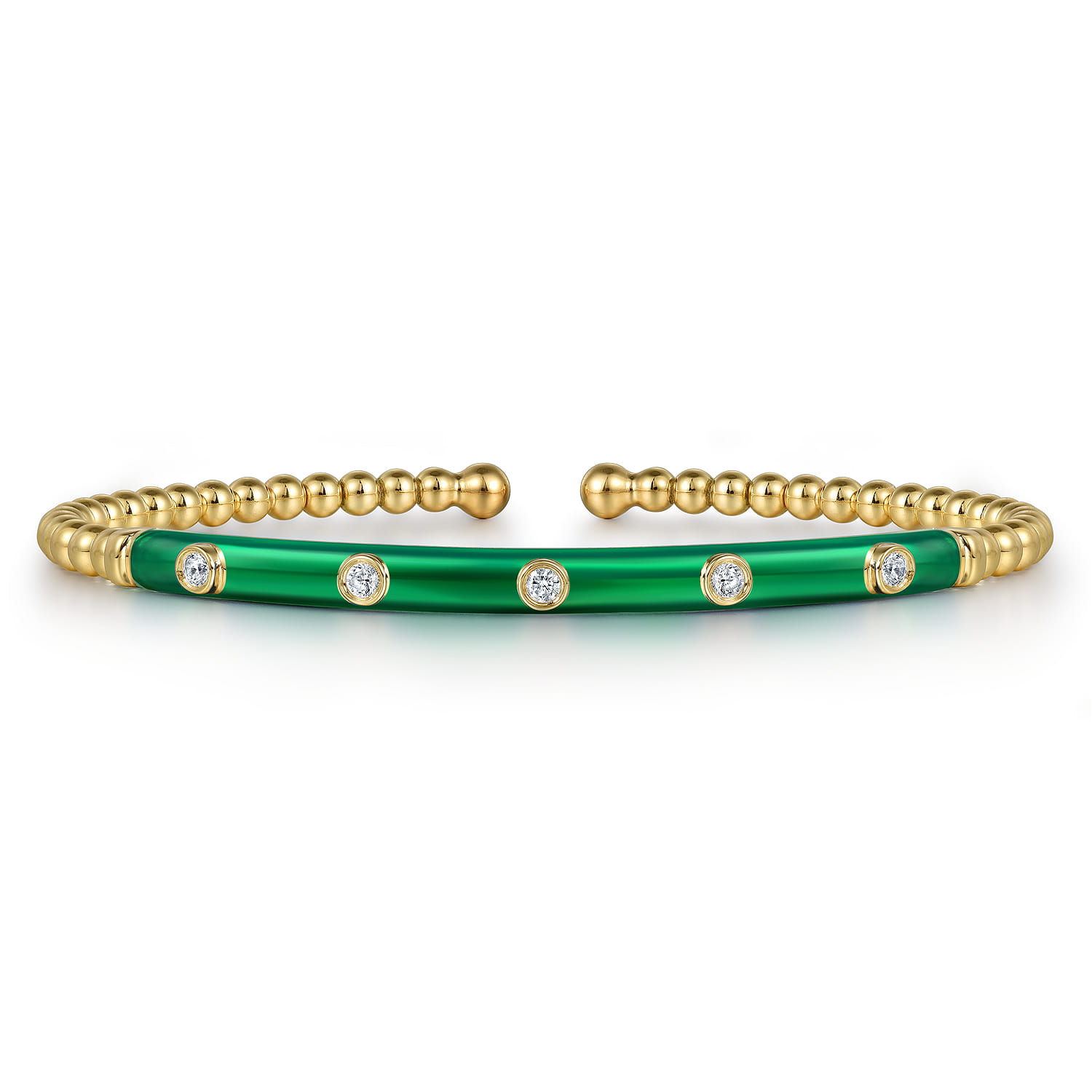 Enamel - 14K Yellow Gold Bujukan Beads and Diamond Split Bangle with Chrome Green Enamel - 0.15 ct - Shot 1