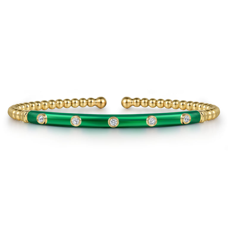 Enamel - 14K Yellow Gold Bujukan Beads and Diamond Split Bangle with Chrome Green Enamel - 0.15 ct - Shot 1