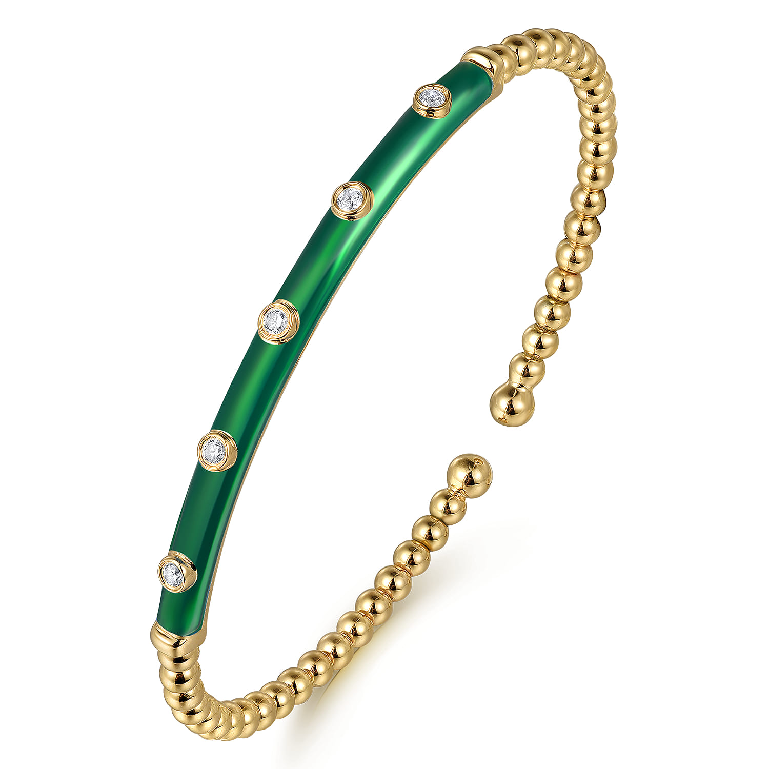 Enamel - 14K Yellow Gold Bujukan Beads and Diamond Split Bangle with Chrome Green Enamel - 0.15 ct - Shot 2