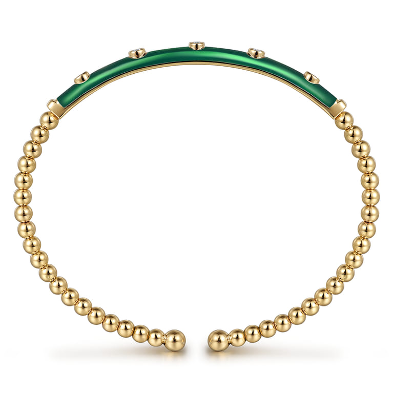 Enamel - 14K Yellow Gold Bujukan Beads and Diamond Split Bangle with Chrome Green Enamel - 0.15 ct - Shot 3
