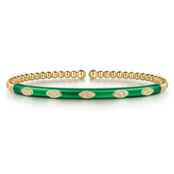 Enamel - 14K Yellow Gold Bujukan Beads and Diamond Split Bangle with Chrome Green Enamel
