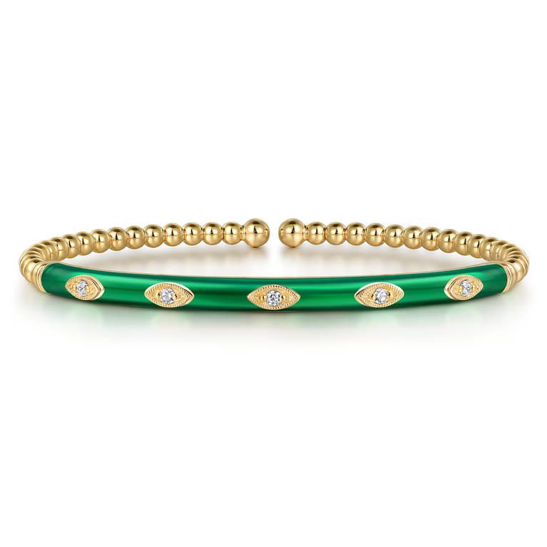 Enamel - 14K Yellow Gold Bujukan Beads and Diamond Split Bangle with Chrome Green Enamel - 0.1 ct - Shot 1