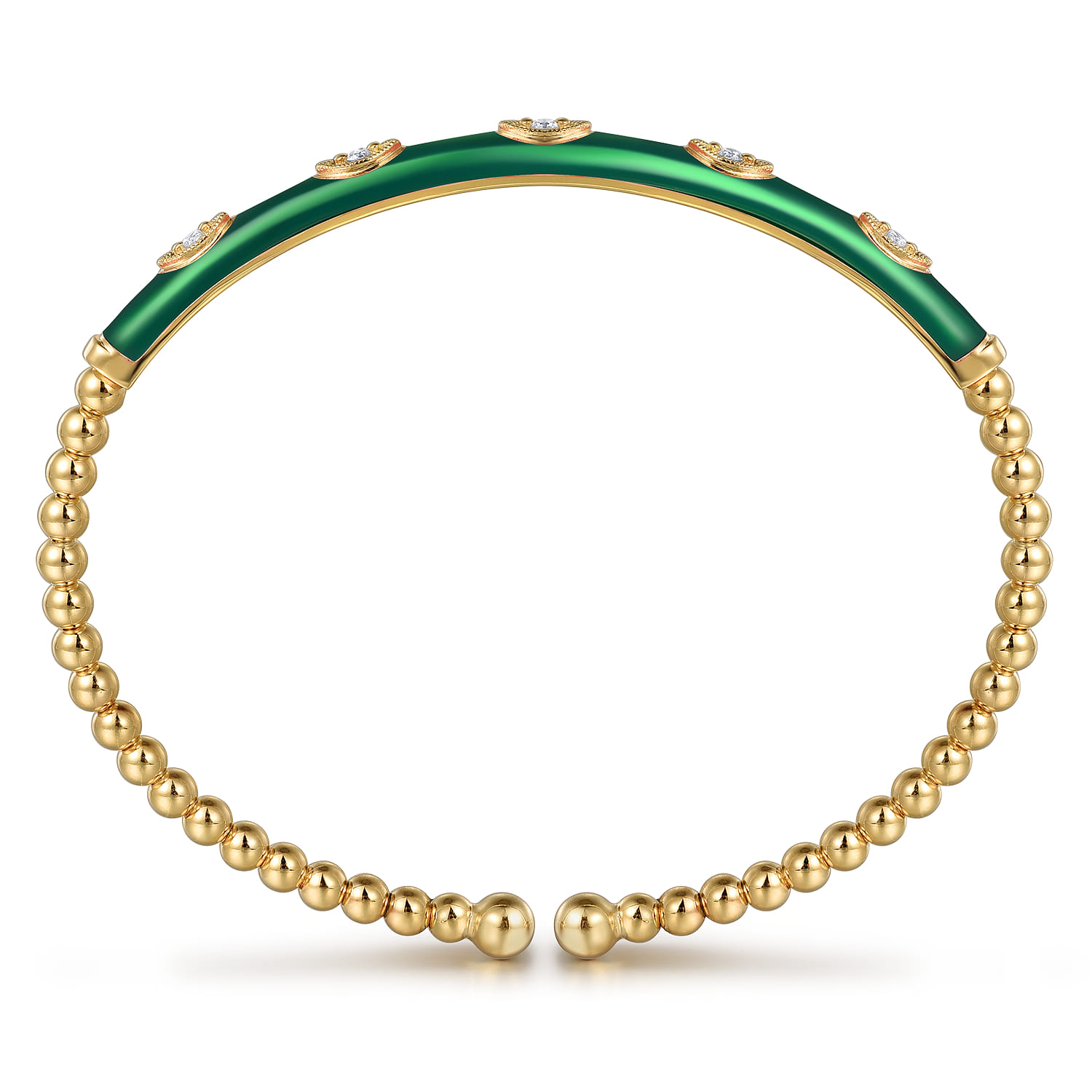 Enamel - 14K Yellow Gold Bujukan Beads and Diamond Split Bangle with Chrome Green Enamel - 0.1 ct - Shot 2