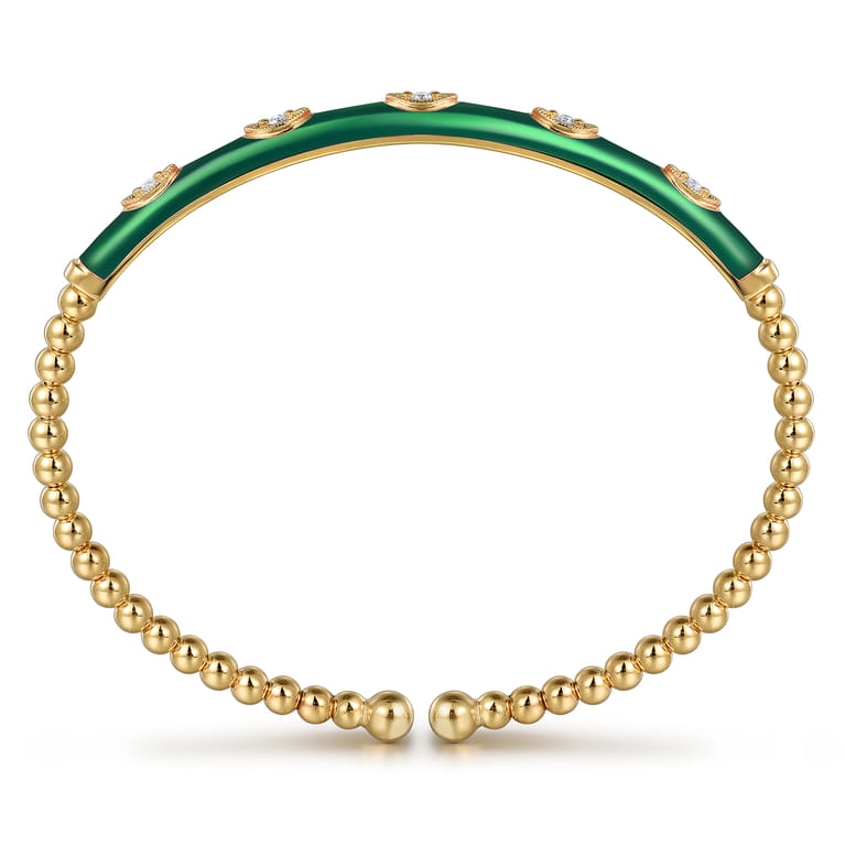 Enamel - 14K Yellow Gold Bujukan Beads and Diamond Split Bangle with Chrome Green Enamel - 0.1 ct - Shot 2