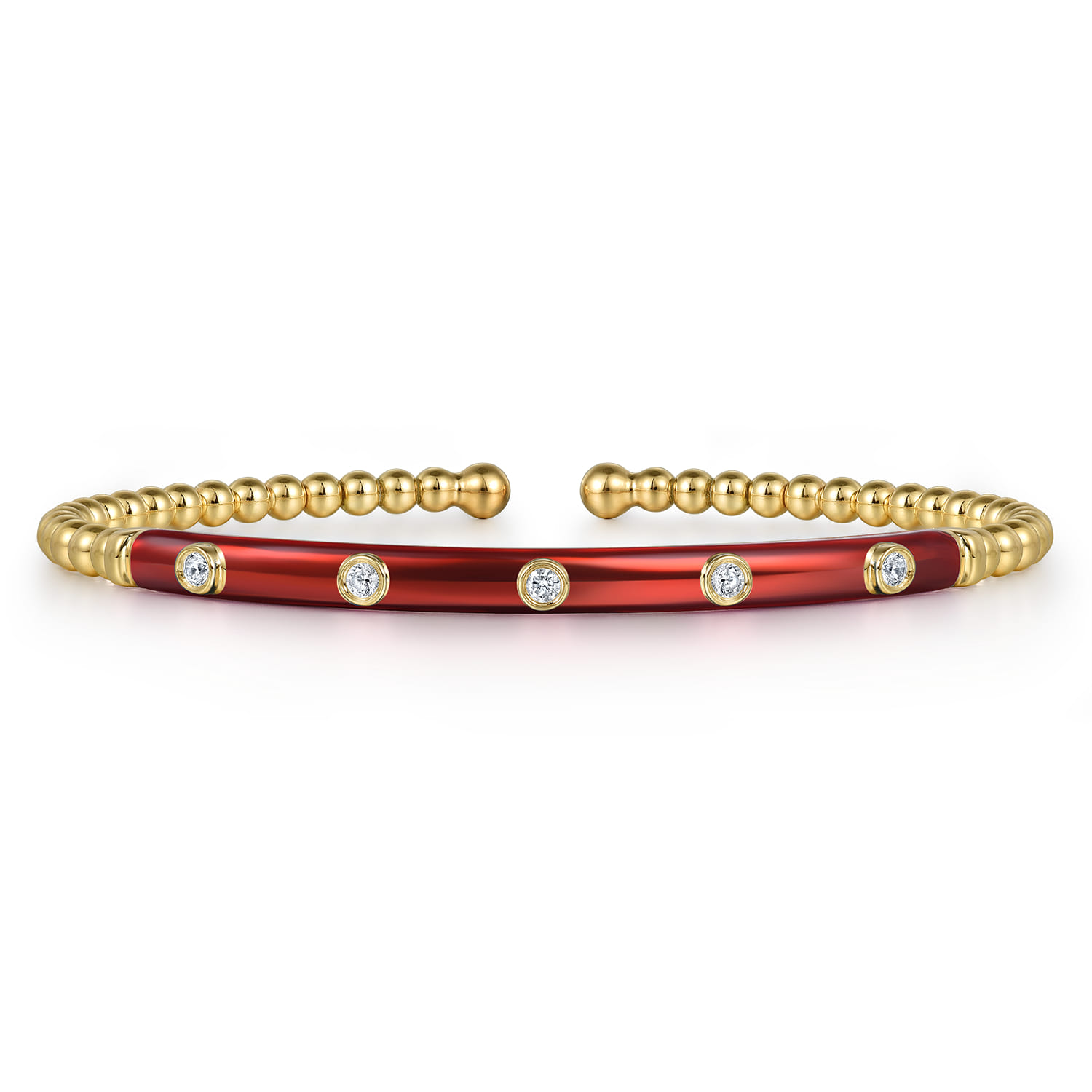 Enamel - 14K Yellow Gold Bujukan Beads and Diamond Split Bangle with Chrome Red Enamel - 0.15 ct - Shot 1