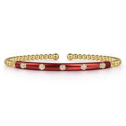 Enamel - 14K Yellow Gold Bujukan Beads and Diamond Split Bangle with Chrome Red Enamel