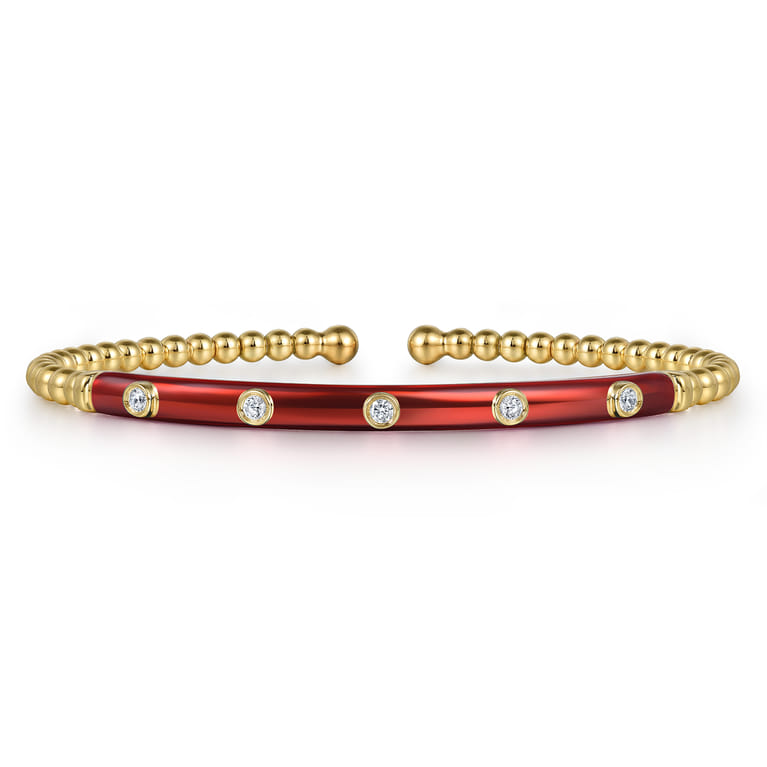 Enamel - 14K Yellow Gold Bujukan Beads and Diamond Split Bangle with Chrome Red Enamel - 0.15 ct - Shot 1