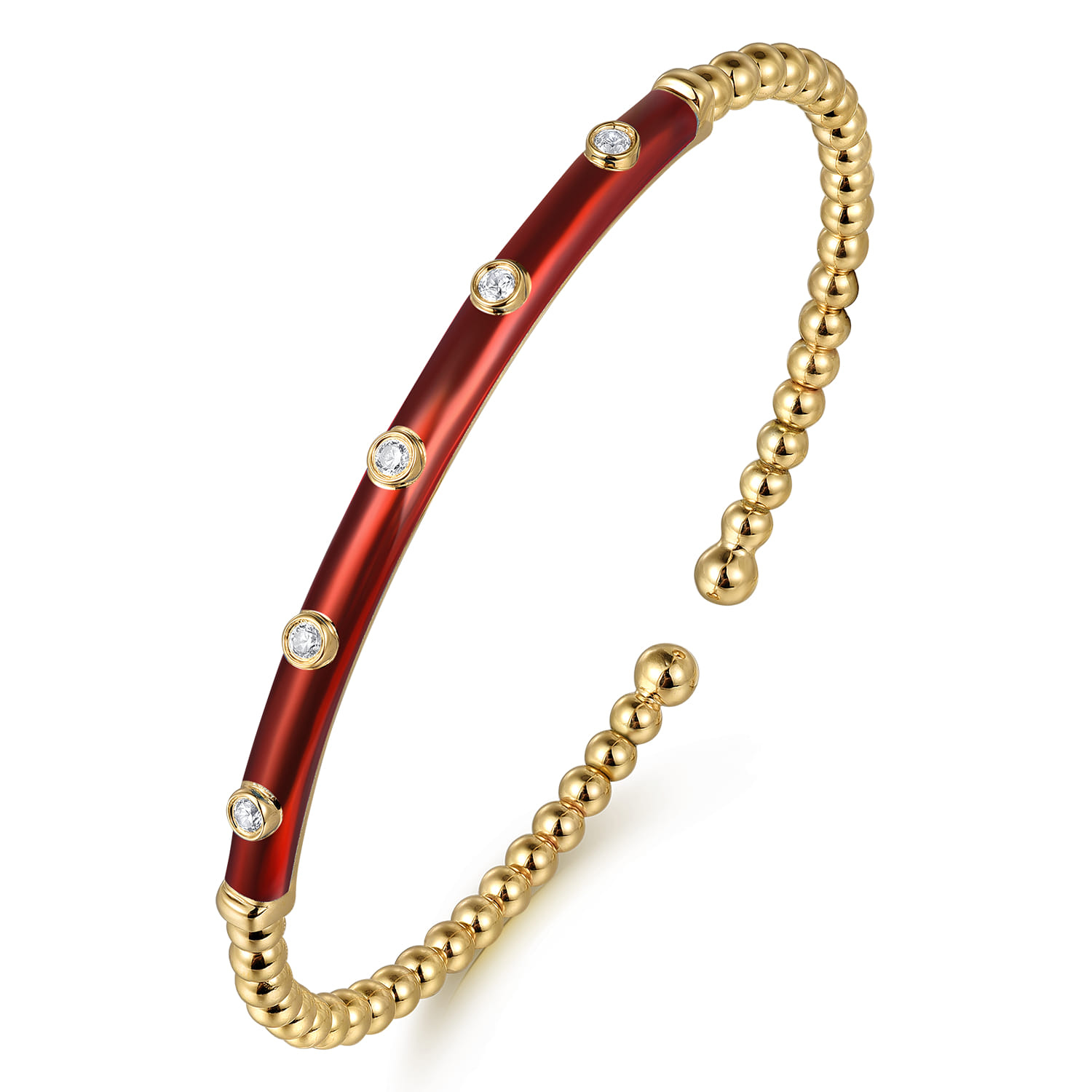 Enamel - 14K Yellow Gold Bujukan Beads and Diamond Split Bangle with Chrome Red Enamel - 0.15 ct - Shot 2