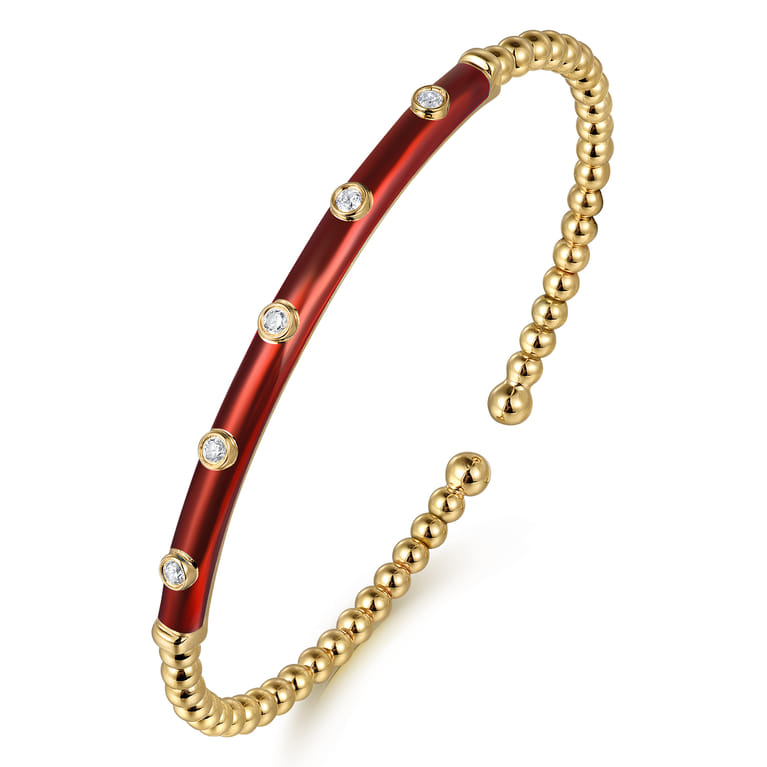Enamel - 14K Yellow Gold Bujukan Beads and Diamond Split Bangle with Chrome Red Enamel - 0.15 ct - Shot 2
