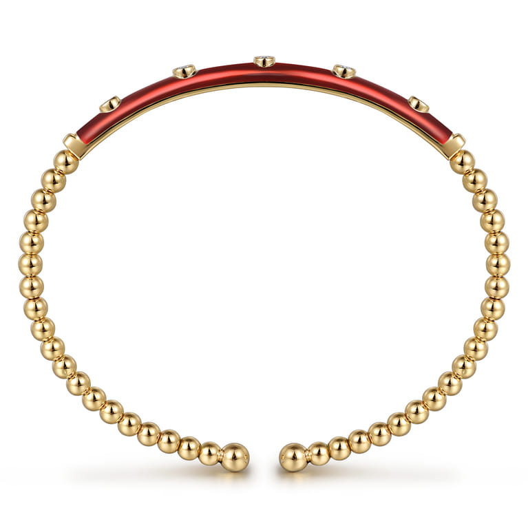 Enamel - 14K Yellow Gold Bujukan Beads and Diamond Split Bangle with Chrome Red Enamel - 0.15 ct - Shot 3