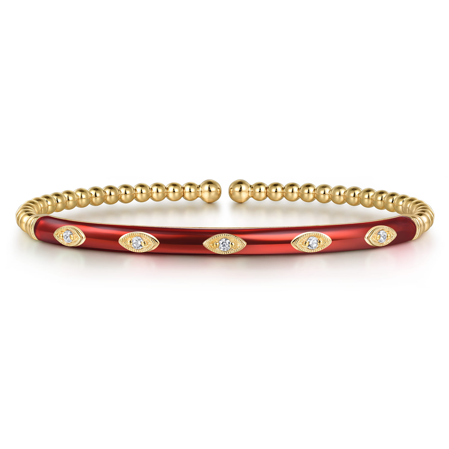 Enamel - 14K Yellow Gold Bujukan Beads and Diamond Split Bangle with Chrome Red Enamel - 0.1 ct - Shot 1